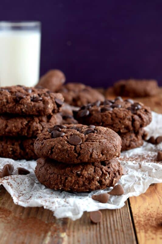 Double Chocolate Oatmeal Cookies are a chocolate lover's dream come true!  These cookies are loaded with chocolate chips, heavily flavoured with really good cocoa, and a few oats thrown in for texture and good measure!  Get ready to indulge!  #cookies #double #chocolate #oatmeal #oats
