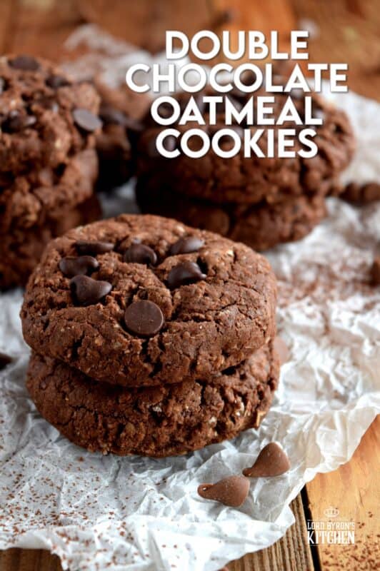 Double Chocolate Oatmeal Cookies are a chocolate lover's dream come true!  These cookies are loaded with chocolate chips, heavily flavoured with really good cocoa, and a few oats thrown in for texture and good measure!  Get ready to indulge!  #cookies #double #chocolate #oatmeal #oats