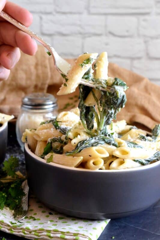 Parmesan and Spinach Penne Pasta is the ultimate dream for those of us who love creamy pasta dishes! Loaded with parmesan and heavy cream, this pasta is a delightful, non-apologetic dish that provides so much comfort food happiness. Let's just say the healthy spinach balances out the calorie-heavy ingredients! #parmesan #spinach #creamy #vegetarian #penne