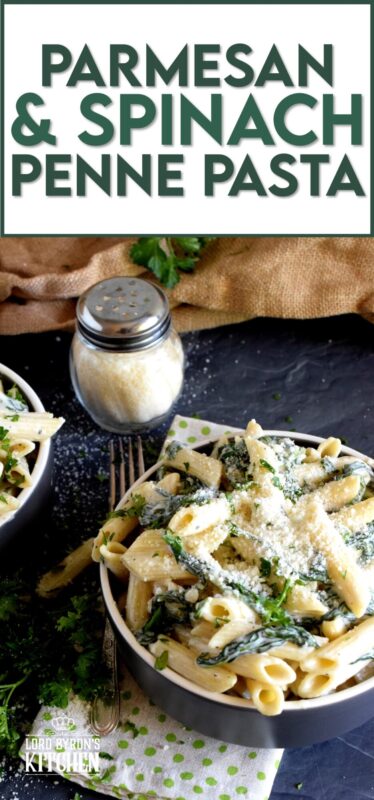 Parmesan and Spinach Penne Pasta is the ultimate dream for those of us who love creamy pasta dishes! Loaded with parmesan and heavy cream, this pasta is a delightful, non-apologetic dish that provides so much comfort food happiness. Let's just say the healthy spinach balances out the calorie-heavy ingredients! #parmesan #spinach #creamy #vegetarian #penne