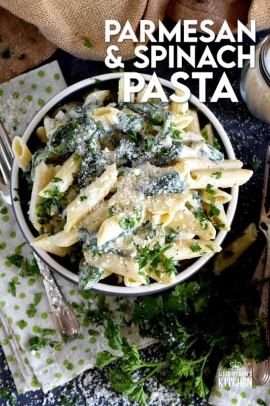 Parmesan and Spinach Penne Pasta is the ultimate dream for those of us who love creamy pasta dishes! Loaded with parmesan and heavy cream, this pasta is a delightful, non-apologetic dish that provides so much comfort food happiness. Let's just say the healthy spinach balances out the calorie-heavy ingredients! #parmesan #spinach #creamy #vegetarian #penne
