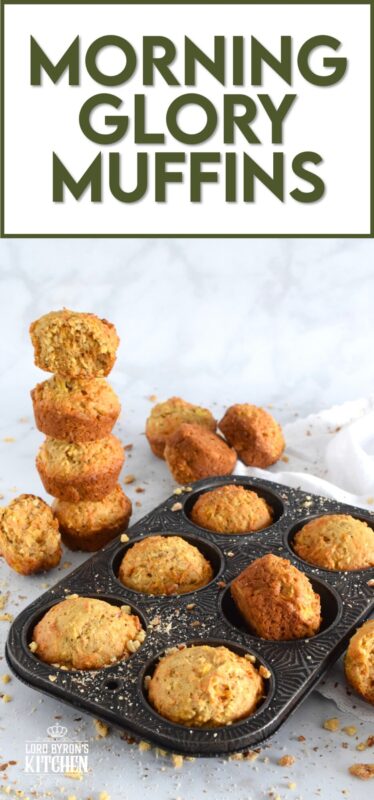 Morning Glory Muffins are prepared with coconut, walnuts, pineapple, apples and carrots. I think of them as a spiced, fruity, carrot cake without the cream cheese frosting! The name suggests that these are meant to be a breakfast item, and they certainly are great for that, but I happen to think they are good any time of the day - especially this homemade version! #morningglory #muffins #carrot #pineapple #coconut #brunch #apple
