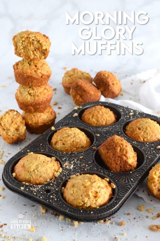 Morning Glory Muffins are prepared with coconut, walnuts, pineapple, apples and carrots. I think of them as a spiced, fruity, carrot cake without the cream cheese frosting! The name suggests that these are meant to be a breakfast item, and they certainly are great for that, but I happen to think they are good any time of the day - especially this homemade version! #morningglory #muffins #carrot #pineapple #coconut #brunch #apple
