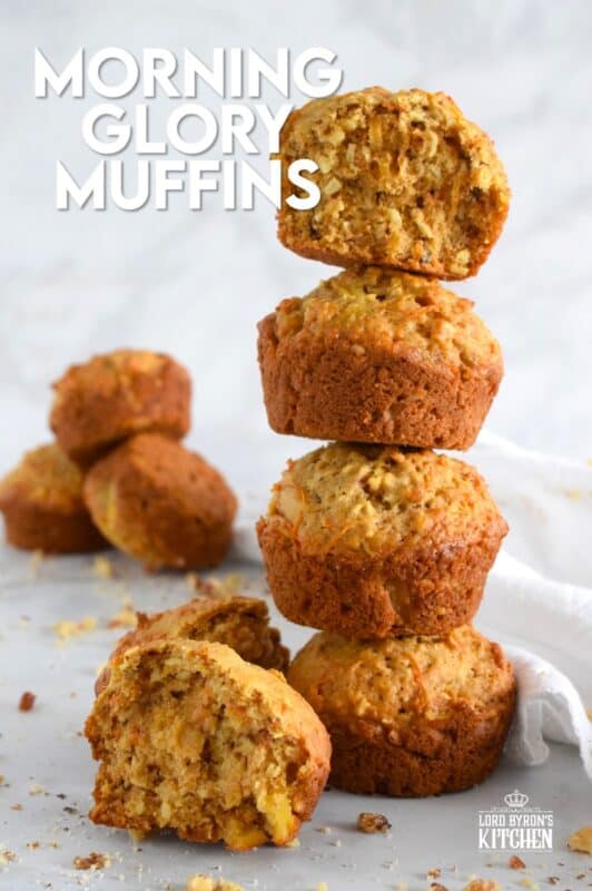 Morning Glory Muffins are prepared with coconut, walnuts, pineapple, apples and carrots. I think of them as a spiced, fruity, carrot cake without the cream cheese frosting! The name suggests that these are meant to be a breakfast item, and they certainly are great for that, but I happen to think they are good any time of the day - especially this homemade version! #morningglory #muffins #carrot #pineapple #coconut #brunch #apple