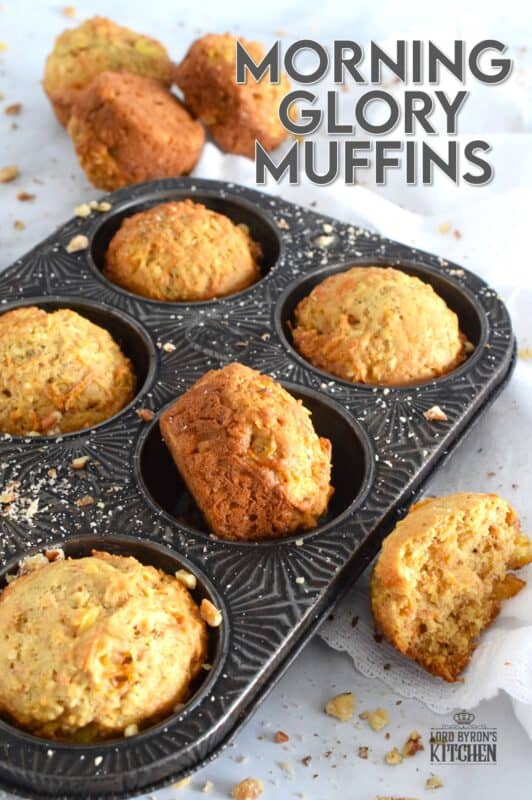 Morning Glory Muffins are prepared with coconut, walnuts, pineapple, apples and carrots. I think of them as a spiced, fruity, carrot cake without the cream cheese frosting! The name suggests that these are meant to be a breakfast item, and they certainly are great for that, but I happen to think they are good any time of the day - especially this homemade version! #morningglory #muffins #carrot #pineapple #coconut #brunch #apple
