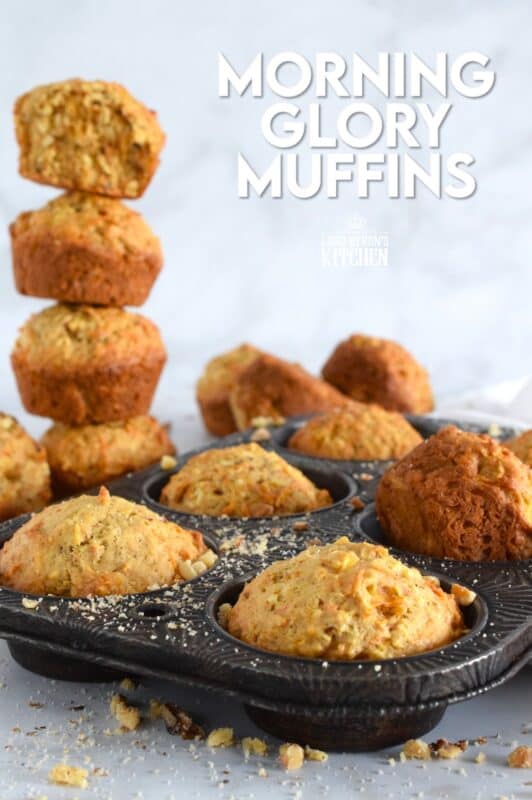 Morning Glory Muffins are prepared with coconut, walnuts, pineapple, apples and carrots. I think of them as a spiced, fruity, carrot cake without the cream cheese frosting! The name suggests that these are meant to be a breakfast item, and they certainly are great for that, but I happen to think they are good any time of the day - especially this homemade version! #morningglory #muffins #carrot #pineapple #coconut #brunch #apple