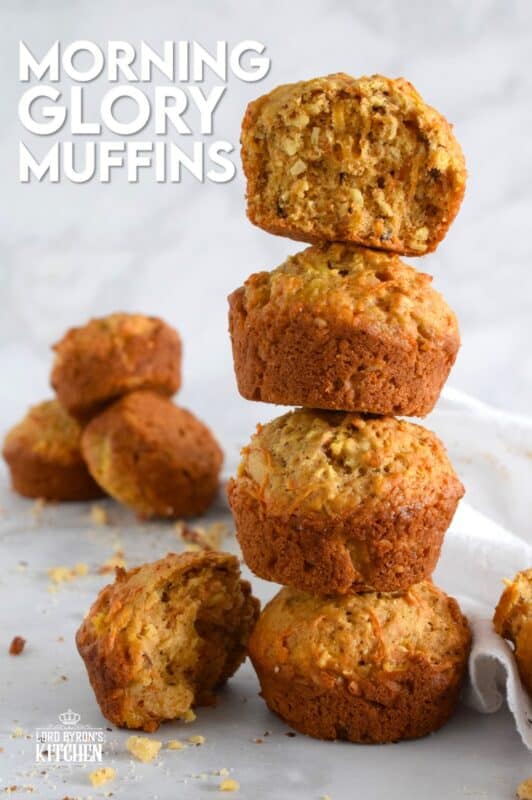 Morning Glory Muffins are prepared with coconut, walnuts, pineapple, apples and carrots. I think of them as a spiced, fruity, carrot cake without the cream cheese frosting! The name suggests that these are meant to be a breakfast item, and they certainly are great for that, but I happen to think they are good any time of the day - especially this homemade version! #morningglory #muffins #carrot #pineapple #coconut #brunch #apple