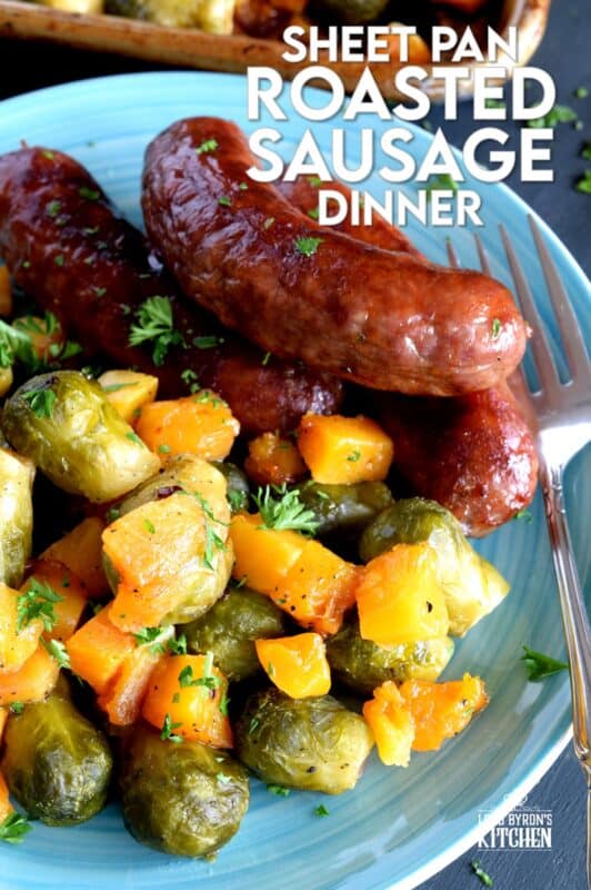 One pan dinners are all the rage, especially one that combines great tasting pork sausage and veggies. Doesn't this look delicious? It takes only 45 minutes to prepare this delicious Sheet Pan Roasted Sausage Dinner! #sheetpan #sausage #dinner #roasted #italian #family