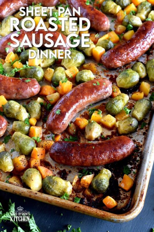 One pan dinners are all the rage, especially one that combines great tasting pork sausage and veggies. Doesn't this look delicious? It takes only 45 minutes to prepare this delicious Sheet Pan Roasted Sausage Dinner! #sheetpan #sausage #dinner #roasted #italian #family