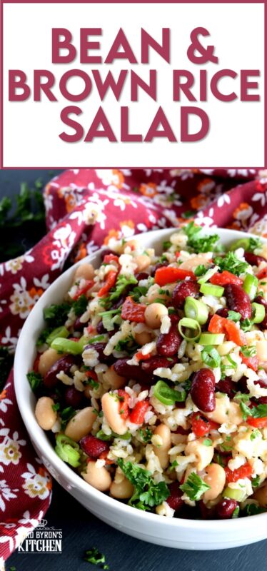 A light, fresh taste with just a hint of sweetness, this protein-packed Bean and Brown Rice Salad is vegetarian-friendly and is a quick and easy side or main.  20 minutes from start to finish and you're good to go! Great for summer picnics or a quick weekday lunch too! #bean #salad #kidney #brown #rice
