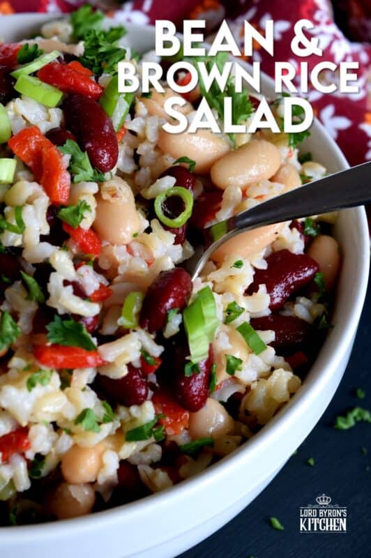 A light, fresh taste with just a hint of sweetness, this protein-packed Bean and Brown Rice Salad is vegetarian-friendly and is a quick and easy side or main.  20 minutes from start to finish and you're good to go! Great for summer picnics or a quick weekday lunch too! #bean #salad #kidney #brown #rice