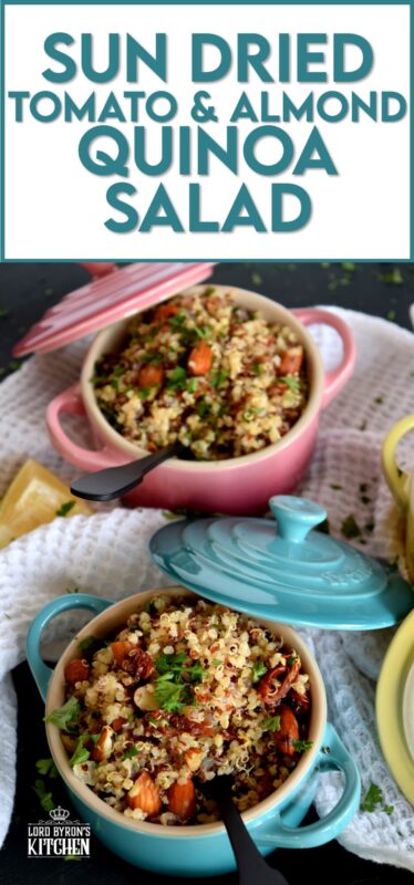 A light and refreshing salad prepared with healthy pantry ingredients, this Sun Dried Tomato and Almond Quinoa Salad is delightfully easy to make and a great way to use up any leftover quinoa! #quinoa #almonds #salad #tomato #sundried