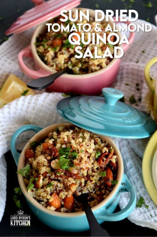 A light and refreshing salad prepared with healthy pantry ingredients, this Sun Dried Tomato and Almond Quinoa Salad is delightfully easy to make and a great way to use up any leftover quinoa! #quinoa #almonds #salad #tomato #sundried