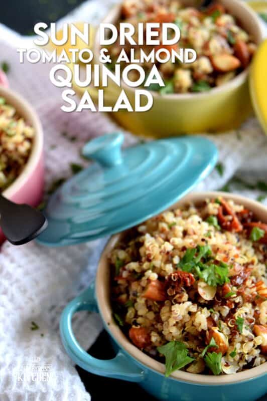 A light and refreshing salad prepared with healthy pantry ingredients, this Sun Dried Tomato and Almond Quinoa Salad is delightfully easy to make and a great way to use up any leftover quinoa! #quinoa #almonds #salad #tomato #sundried