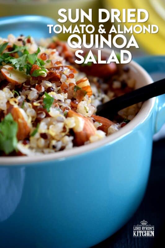 A light and refreshing salad prepared with healthy pantry ingredients, this Sun Dried Tomato and Almond Quinoa Salad is delightfully easy to make and a great way to use up any leftover quinoa! #quinoa #almonds #salad #tomato #sundried