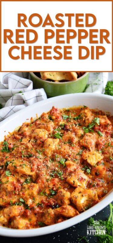 There is no doubt that this Roasted Red Pepper Cheese Dip will quickly become your favourite dip of all time! Its smokey, nutty flavour and its gooey, creamy texture are oh, so delicious! Prepared with four different cheeses, this dip is a flavour explosion! #redpepper #smokey #cheesy #dip #4cheese #baked #hot