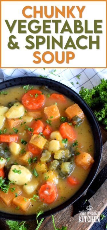 Hearty meals, much like this Chunky Vegetable and Spinach Soup, are heart-healthy and filling.  It's a delicious vegetarian soup that once again proves that meat does not need to be present at every meal. On colder nights, serve this soup with buttered crusty bread for even more home-style comfort! #soup #vegetarian #spinach #hearty #vegetables #healthy