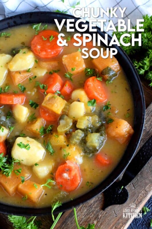 Hearty meals, much like this Chunky Vegetable and Spinach Soup, are heart-healthy and filling.  It's a delicious vegetarian soup that once again proves that meat does not need to be present at every meal. On colder nights, serve this soup with buttered crusty bread for even more home-style comfort! #soup #vegetarian #spinach #hearty #vegetables #healthy