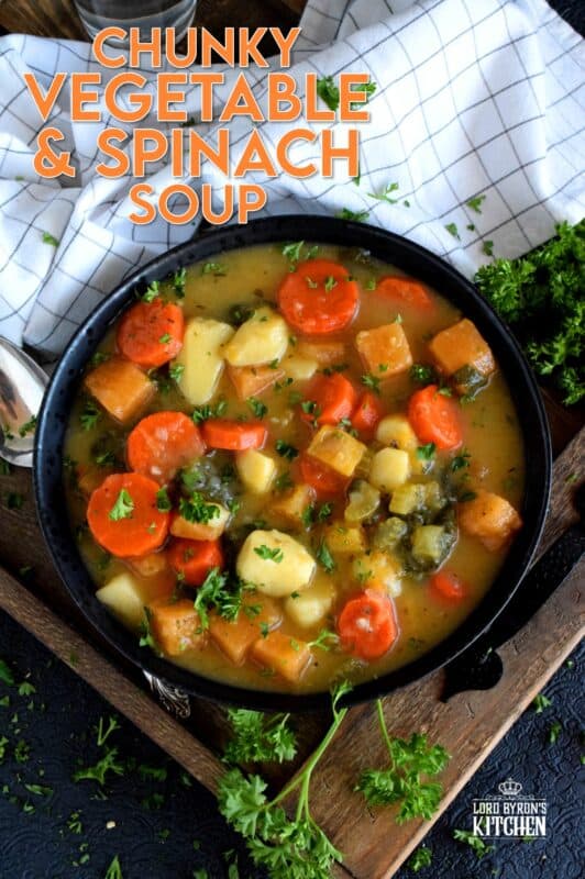 Hearty meals, much like this Chunky Vegetable and Spinach Soup, are heart-healthy and filling.  It's a delicious vegetarian soup that once again proves that meat does not need to be present at every meal. On colder nights, serve this soup with buttered crusty bread for even more home-style comfort! #soup #vegetarian #spinach #hearty #vegetables #healthy