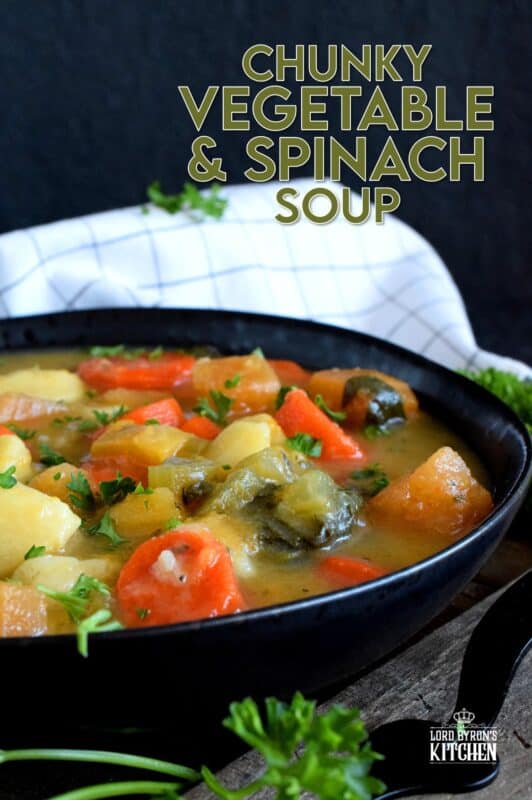 Hearty meals, much like this Chunky Vegetable and Spinach Soup, are heart-healthy and filling.  It's a delicious vegetarian soup that once again proves that meat does not need to be present at every meal. On colder nights, serve this soup with buttered crusty bread for even more home-style comfort! #soup #vegetarian #spinach #hearty #vegetables #healthy