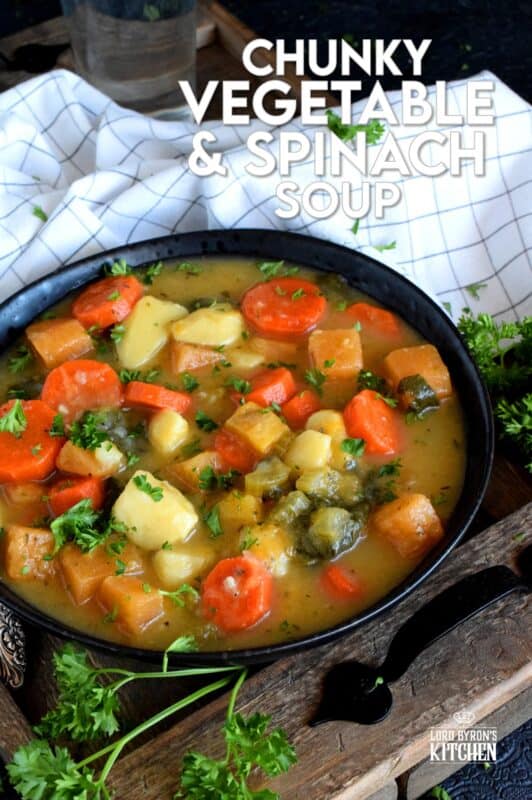Hearty meals, much like this Chunky Vegetable and Spinach Soup, are heart-healthy and filling.  It's a delicious vegetarian soup that once again proves that meat does not need to be present at every meal. On colder nights, serve this soup with buttered crusty bread for even more home-style comfort! #soup #vegetarian #spinach #hearty #vegetables #healthy