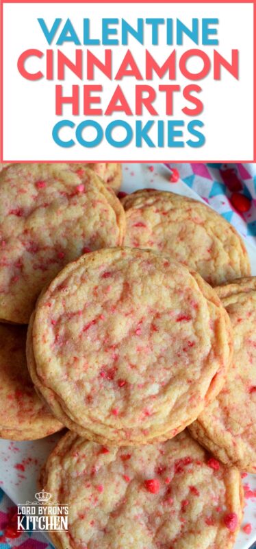 Not all great cookies are soft and chewy.  Valentine Cinnamon Heart Cookies are thin and crispy with a soft, sweet center. And, they're packed full of everyone's favourite cinnamon candy! Make a batch for your special someone today! #valentine #cinnamon #heart #candy #cookies