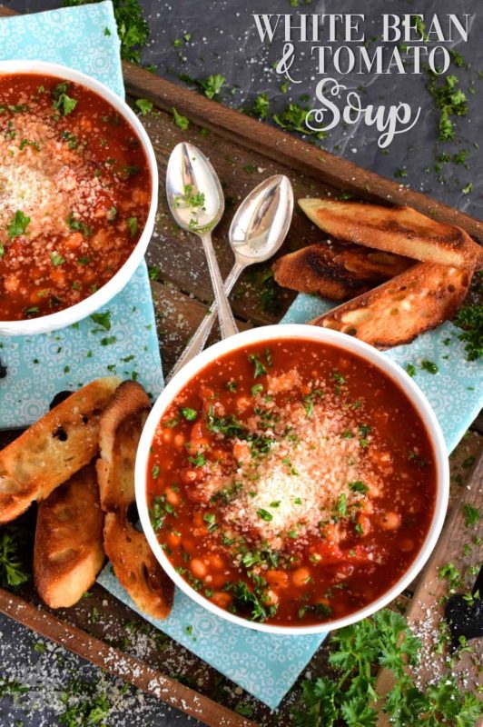 White Bean and Tomato Soup - Tomato soup is a classic and a family favourite, but this version adds more flavour and more heartiness with white beans and cheese!#tomato #soup #recipe #canned #beans #parmesan #homemade