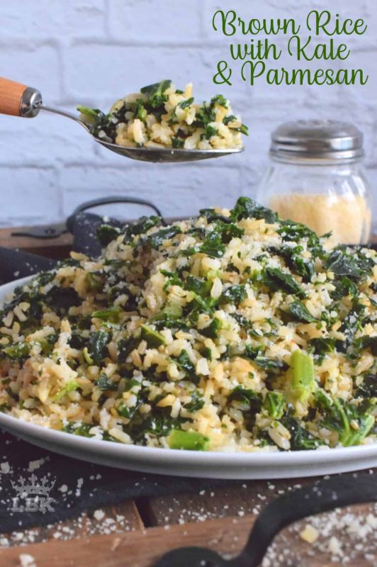 Brown Rice with Kale and Parmesan - A quick and healthy side dish using instant brown rice, frozen chopped kale, and fresh parmesan; reheat the next day for a great work lunch! #brown #rice #kale #side #easy