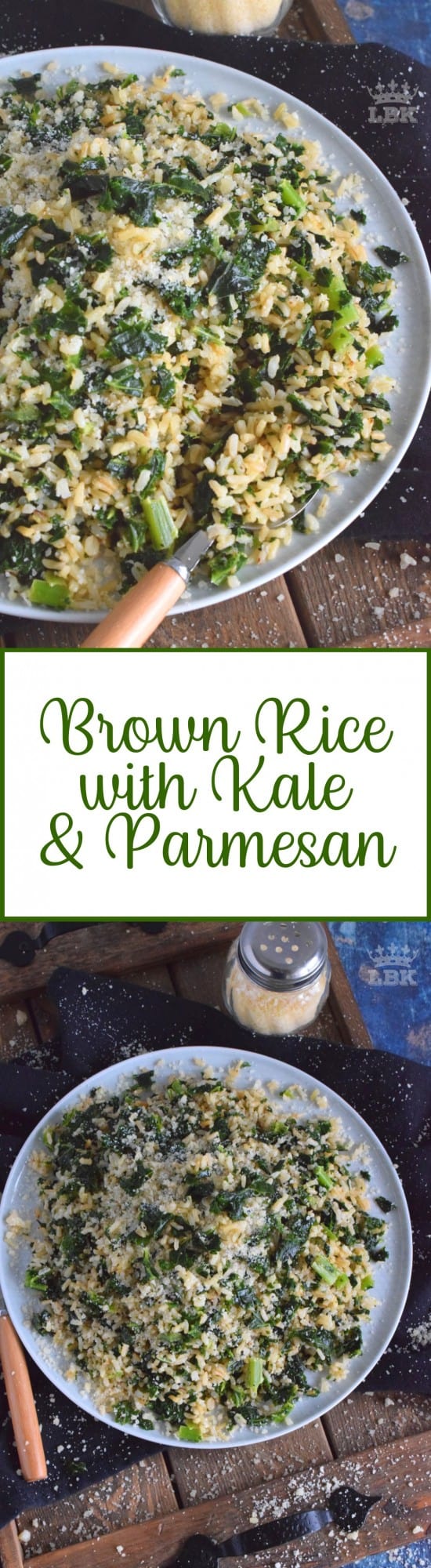 Brown Rice with Kale and Parmesan - A quick and healthy side dish using instant brown rice, frozen chopped kale, and fresh parmesan; reheat the next day for a great work lunch! #brown #rice #kale #side #easy