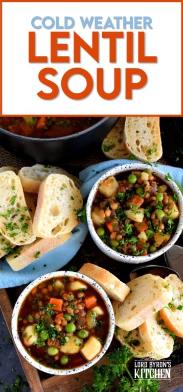 Finally a bowl of lentil soup with a nice thin broth, yet one that's hearty and filling enough to fight the cold weather chills! Loaded with good-for-you vegetables, and prepared with a savoury vegetable broth, this freezer-friendly soup is simply delicious! #soup #vegetables #lentils #broth