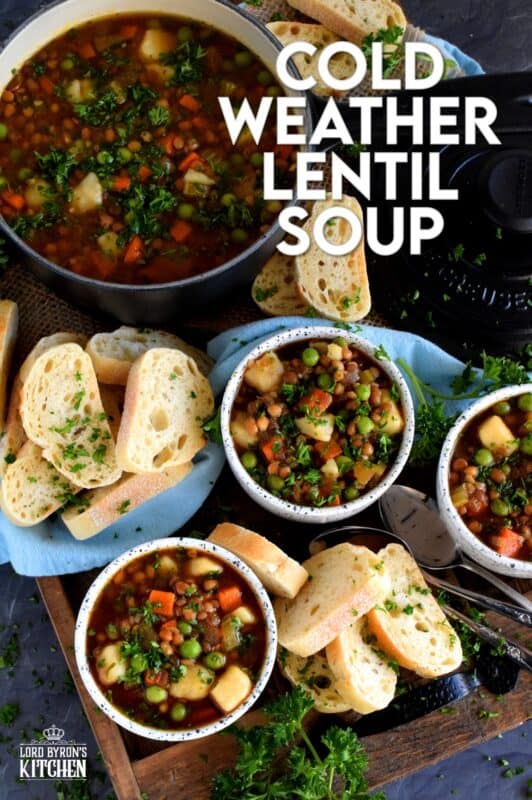 Finally a bowl of lentil soup with a nice thin broth, yet one that's hearty and filling enough to fight the cold weather chills! Loaded with good-for-you vegetables, and prepared with a savoury vegetable broth, this freezer-friendly soup is simply delicious! #soup #vegetables #lentils #broth