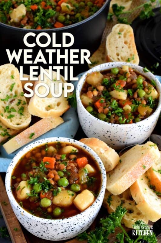 Finally a bowl of lentil soup with a nice thin broth, yet one that's hearty and filling enough to fight the cold weather chills! Loaded with good-for-you vegetables, and prepared with a savoury vegetable broth, this freezer-friendly soup is simply delicious! #soup #vegetables #lentils #broth