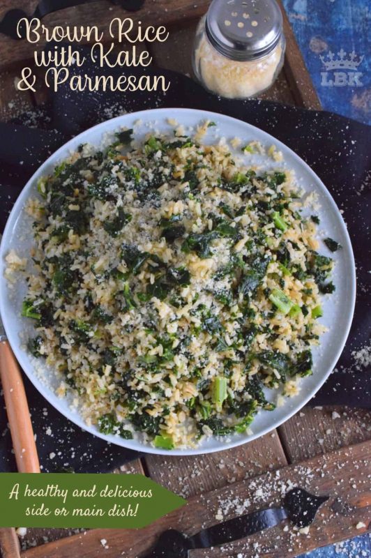 Brown Rice with Kale and Parmesan - A quick and healthy side dish using instant brown rice, frozen chopped kale, and fresh parmesan; reheat the next day for a great work lunch! #brown #rice #kale #side #easy