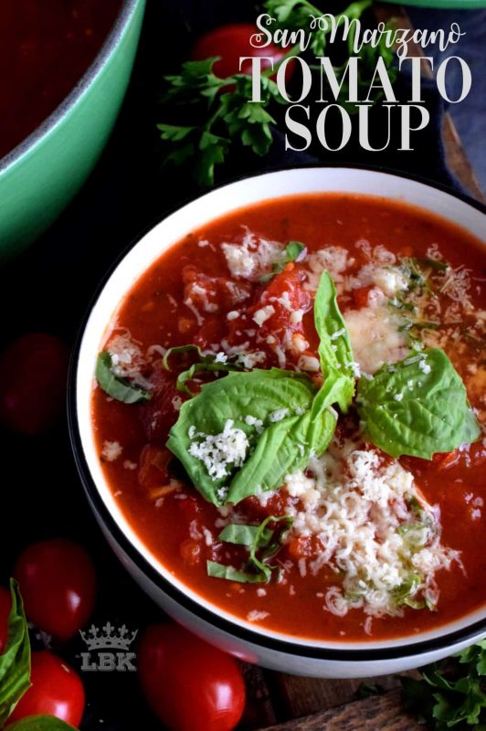 San Marzano Tomato Soup - My grown up version of tomato soup is made with canned San Marzano tomatoes, fresh basil, and a few aromatics. This soup is very grilled cheese friendly!#tomatosoup #homemade #sanmarzano #canned #chunky