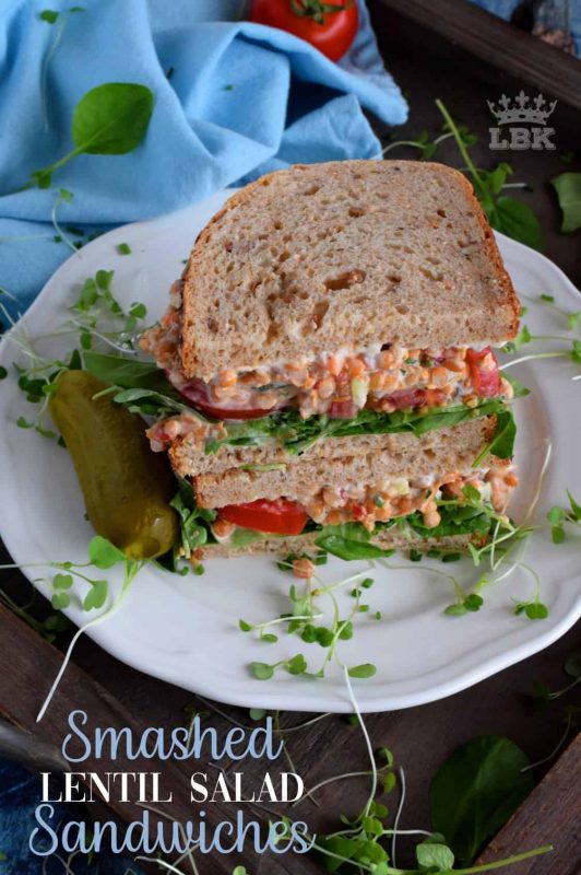 A delicious alternative to a deli meat sandwich, this vegetarian Smashed Lentil Salad delight is made with canned lentils and a bunch of healthy fixings!#vegetarian #sandwich #lentils #salad #smashed 