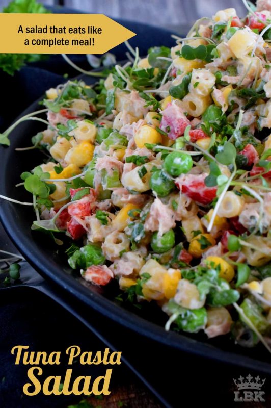 A healthy and delicious jacked up Tuna Pasta Salad with lots of vegetables, greens, seasonings, and a homemade dressing made without mayo!#pasta #salad #tuna #healthy #low #calorie