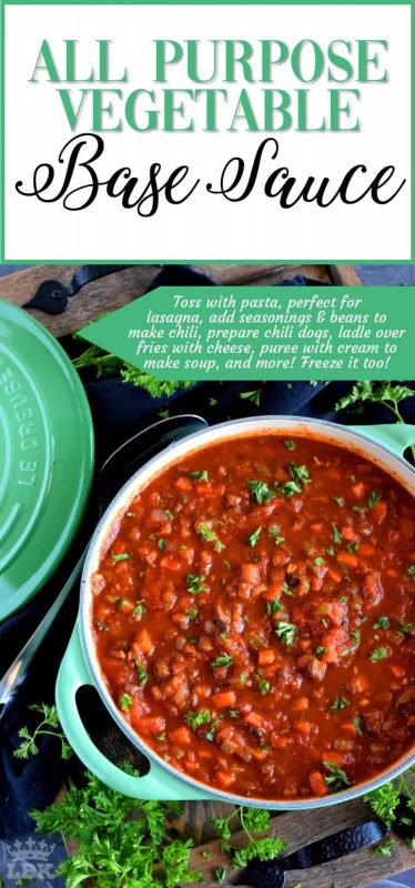All Purpose Vegetable Base Sauce - Every home cook should have a stash of base sauce that can quickly bring a meal together with very little time and effort. Make this sauce your weekend food prep project! #sauce #vegetarian #tomato #freezer