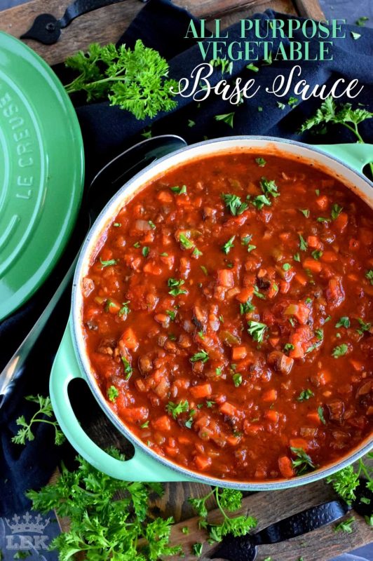 All Purpose Vegetable Base Sauce - Every home cook should have a stash of base sauce that can quickly bring a meal together with very little time and effort. Make this sauce your weekend food prep project! #sauce #vegetarian #tomato #freezer