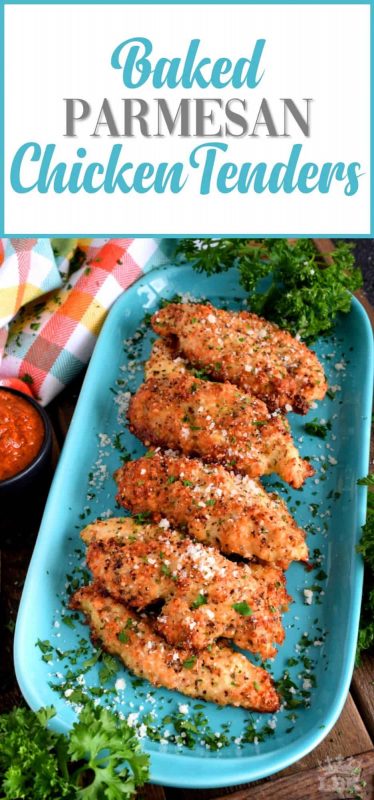 The easiest and tastiest homemade chicken fingers ever! Crusted with parmesan cheese and oven baked to golden perfection, it's impossible to eat just one! #chicken #fingers #tenders #baked #cheesy #parmesan