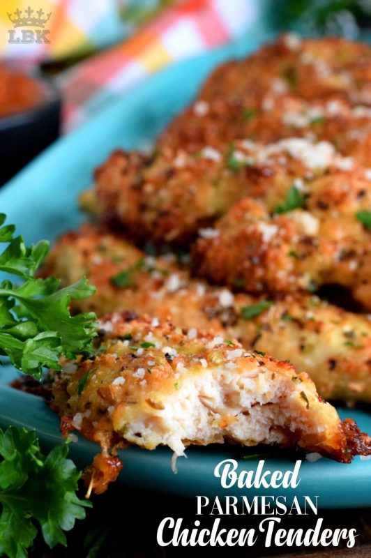 The easiest and tastiest homemade chicken fingers ever! Crusted with parmesan cheese and oven baked to golden perfection, it's impossible to eat just one! #chicken #fingers #tenders #baked #cheesy #parmesan