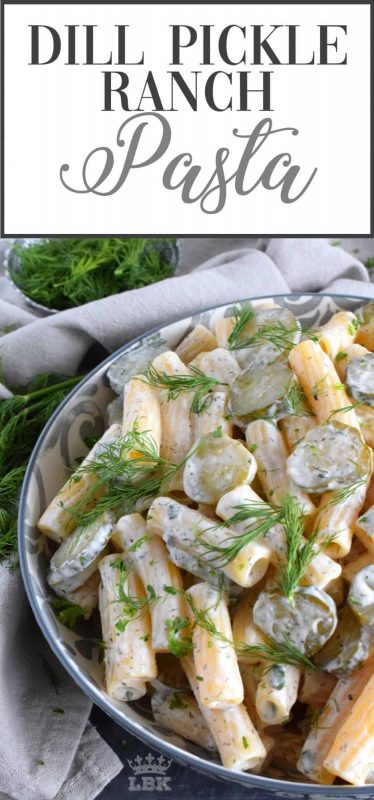 The flavours of dill pickle and ranch together are a perfect match.  Tossed with pasta and extra pickles, you've got a dish every pickle lover will want again and again!#dill #pickle #ranch #pasta #salad 