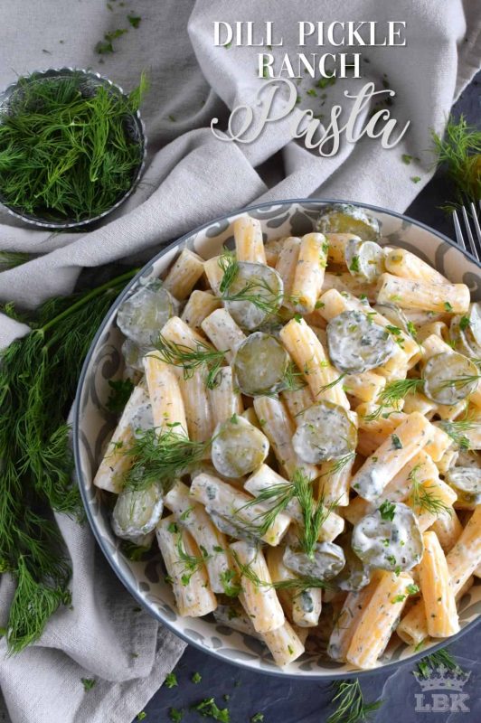 The flavours of dill pickle and ranch together are a perfect match.  Tossed with pasta and extra pickles, you've got a dish every pickle lover will want again and again!#dill #pickle #ranch #pasta #salad 