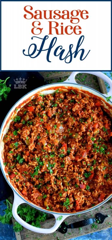 Warm and hearty, Sausage and Rice Hash is a complete and nutritious meal! This one pan dish combines sausage with tomatoes, onions, rice, and seasonings.#skillet #one #pot #sausage #hash