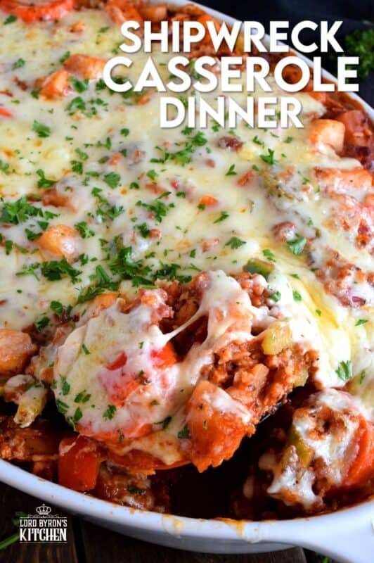 A blast from the past recipe that will fill your belly and comfort all of your food cravings; Shipwreck Casserole Dinner is not only super delicious, but also very easy to prepare, and as an added bonus, it's loaded with veggies too! #casserole #shipwreck #seven #layer #dinner