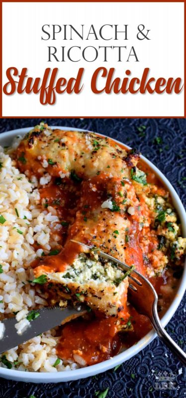 Tender boneless and skinless chicken thighs stuffed with spinach and ricotta cheese, and then baked to golden perfection in a simple marinara sauce.#chicken #thighs #stuffed #boneless #skinless
