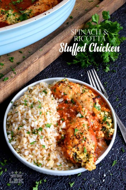 Tender boneless and skinless chicken thighs stuffed with spinach and ricotta cheese, and then baked to golden perfection in a simple marinara sauce.#chicken #thighs #stuffed #boneless #skinless