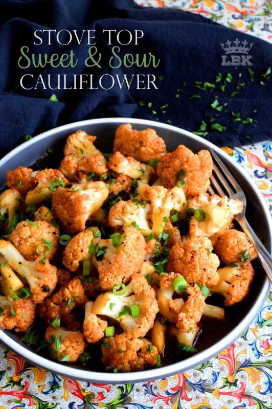 Tender florets cooked in a homemade sauce, Sweet and Sour Cauliflower is a great tasting side dish that's both quick and easy to make.#cauliflower #sweet #sour #sauce #skillet
