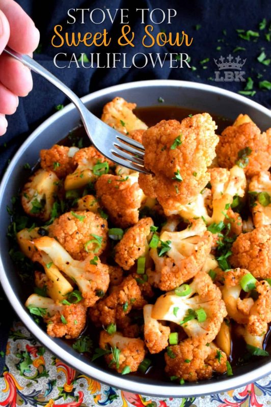 Tender florets cooked in a homemade sauce, Sweet and Sour Cauliflower is a great tasting side dish that's both quick and easy to make.#cauliflower #sweet #sour #sauce #skillet