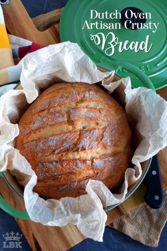 No fancy kneading skills, machinery, or gadgets needed to make this Dutch Oven Artisan Crusty Bread; just good old fashioned patience and a desire for a home style, easy to make bread!#Dutch #oven #crusty #bread #artisan