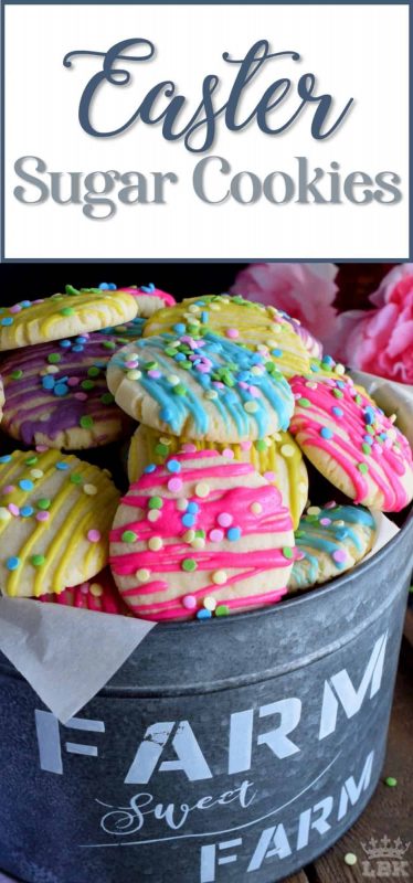 Whimsical and playful, Easter Sugar Cookies are a springtime delight! Easy and fun to make, and great for giving as a gift to that favourite teacher or daycare provider!#Easter #cookies #sprinkles #pastel #colours #candy #melts @wilton